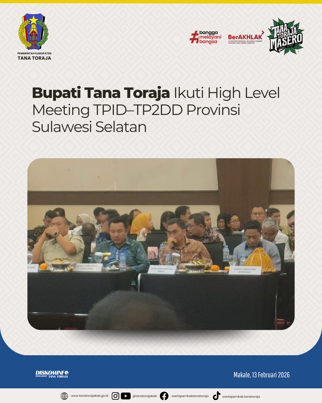 Bupati Tana Toraja Ikuti High Level Meeting TPID–TP2DD Provinsi Sulawesi Selatan