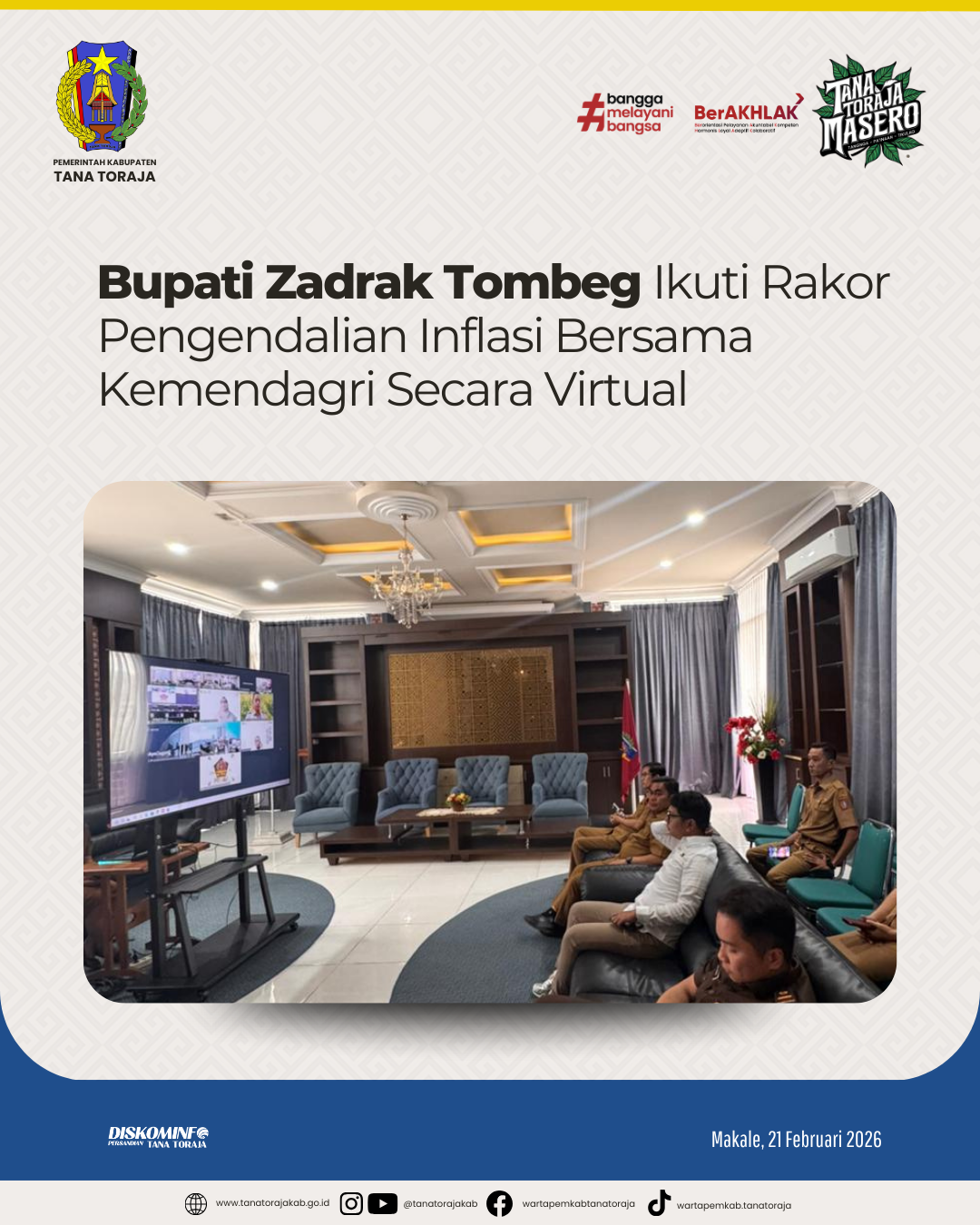 Bupati Zadrak Tombeg Ikuti Rakor Pengendalian Inflasi Bersama Kemendagri Secara Virtual