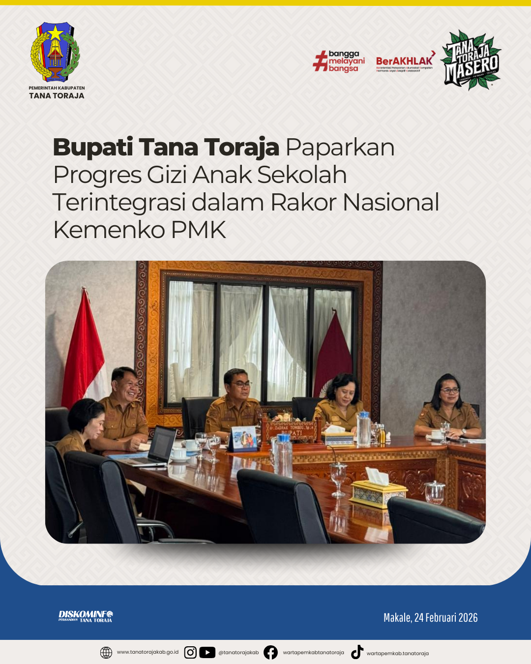 Bupati Tana Toraja Paparkan Progres Gizi Anak Sekolah Terintegrasi dalam Rakor Nasional Kemenko PMK