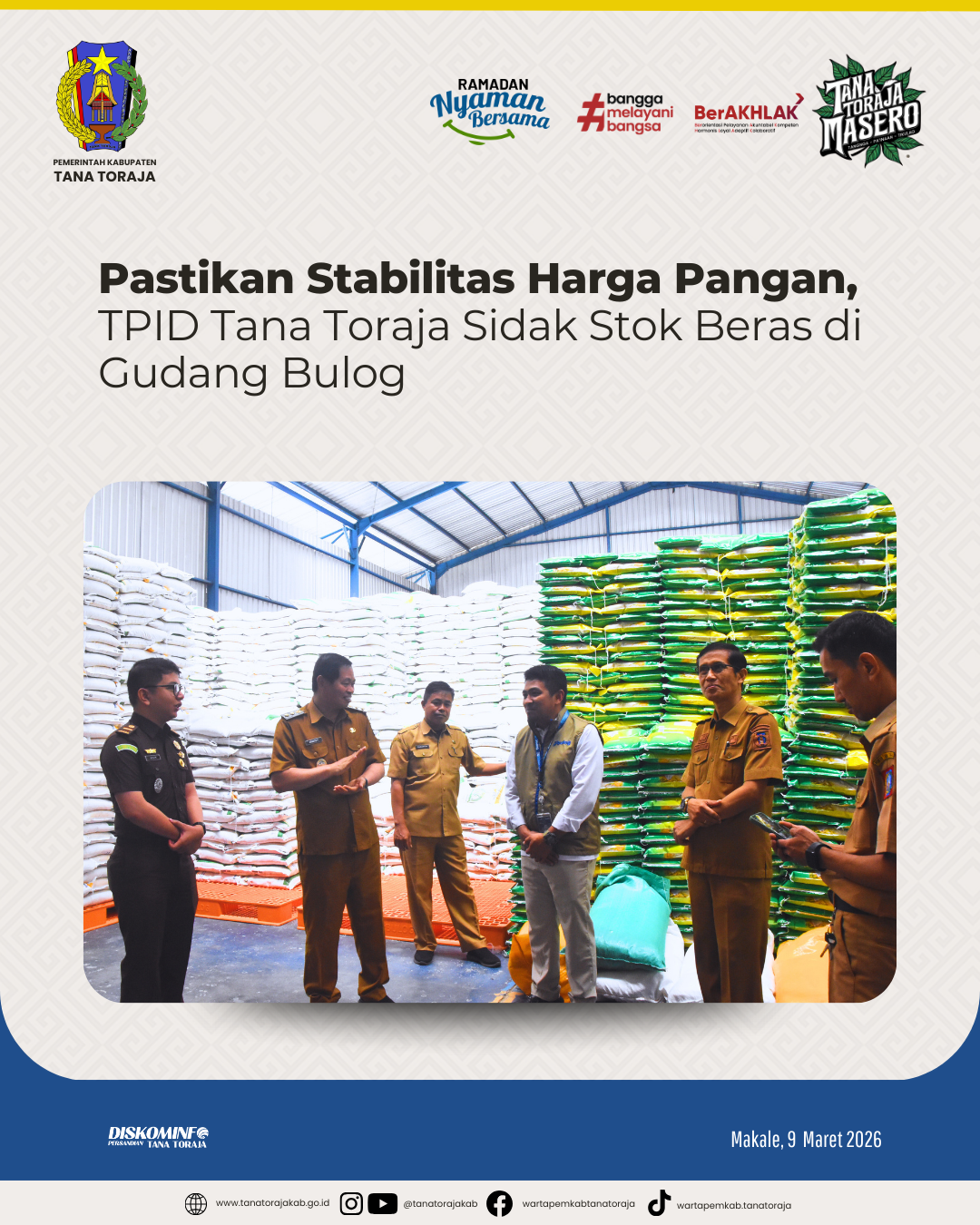 Pastikan Stabilitas Harga Pangan, TPID Tana Toraja Sidak Stok Beras di Gudang Bulog