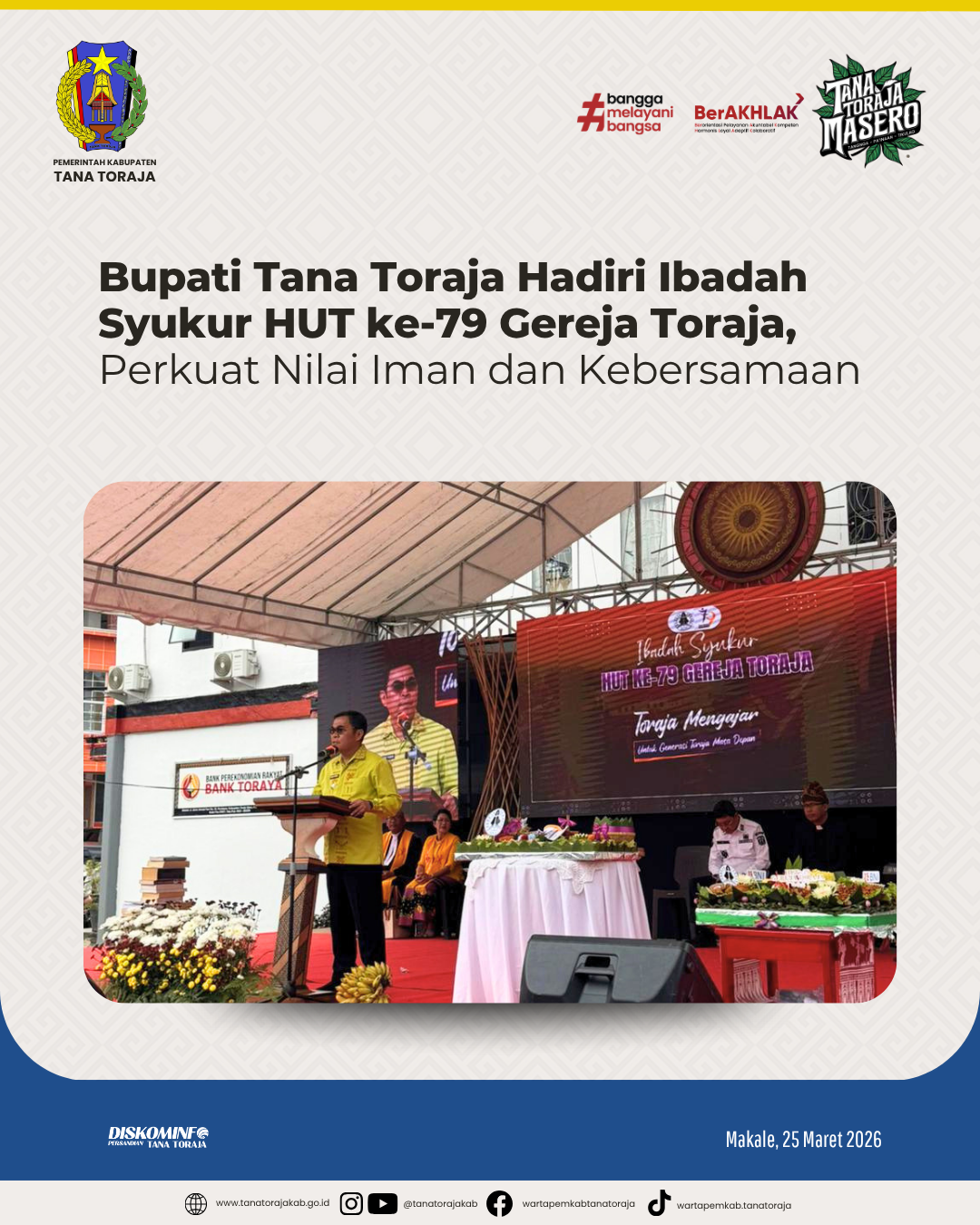 Bupati Tana Toraja Hadiri Ibadah Syukur HUT ke-79 Gereja Toraja, Perkuat Nilai Iman dan Kebersamaan