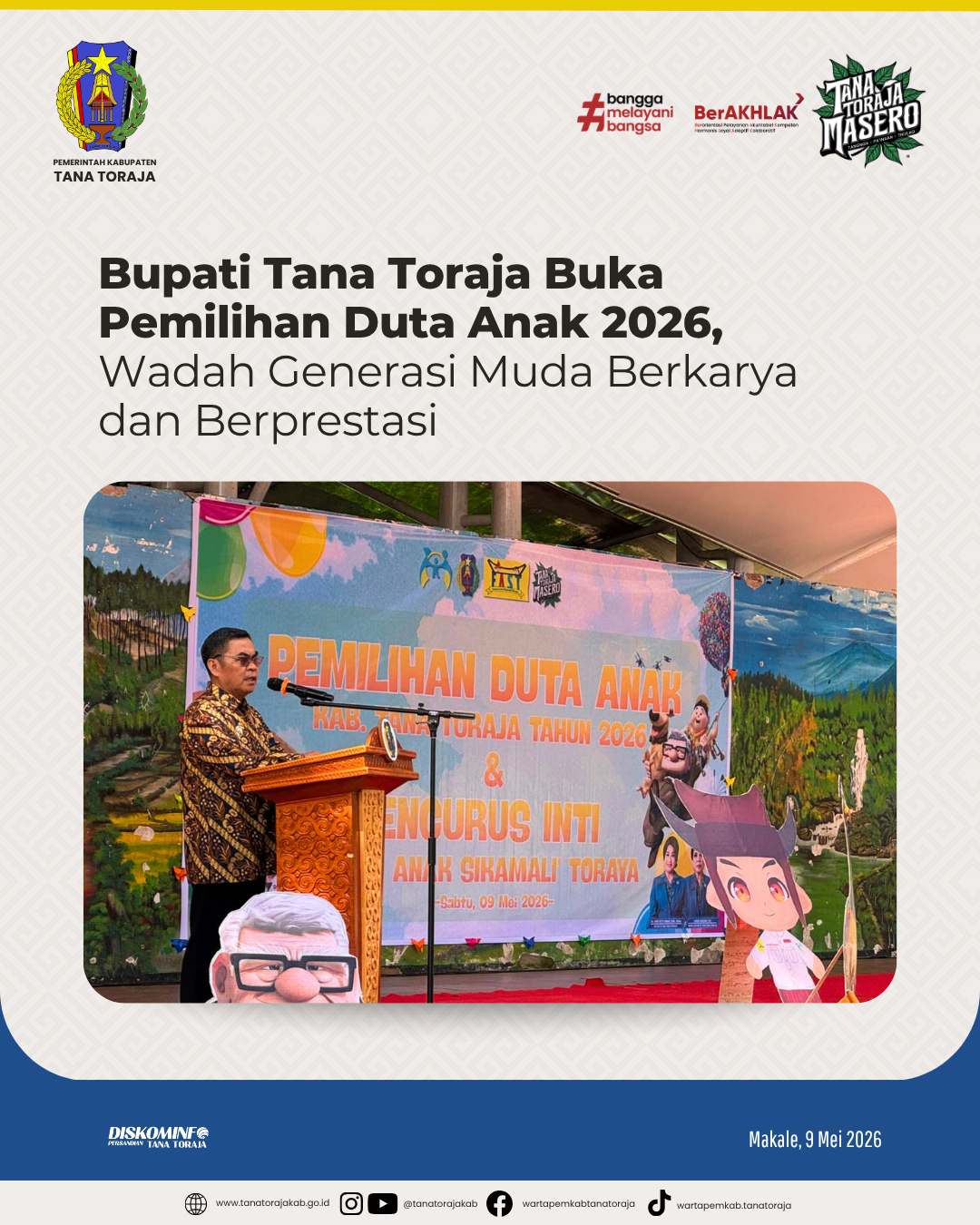 Bupati Tana Toraja Buka Pemilihan Duta Anak 2026, Wadah Generasi Muda Berkarya dan Berprestasi