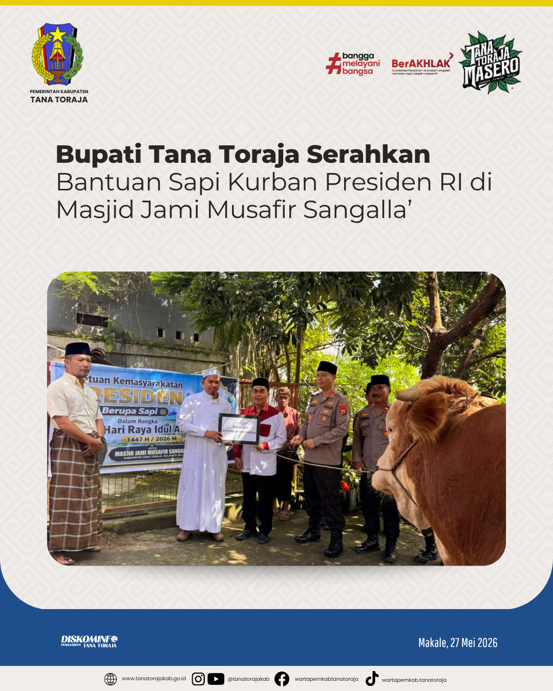 Bupati Tana Toraja Serahkan Bantuan Sapi Kurban Presiden RI di Masjid Jami Musafir Sangalla’