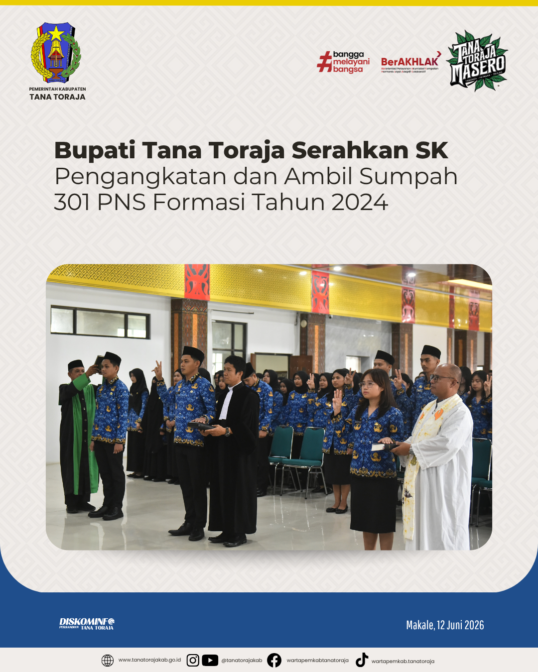 Bupati Tana Toraja Serahkan SK Pengangkatan dan Ambil Sumpah 301 PNS Formasi Tahun 2024