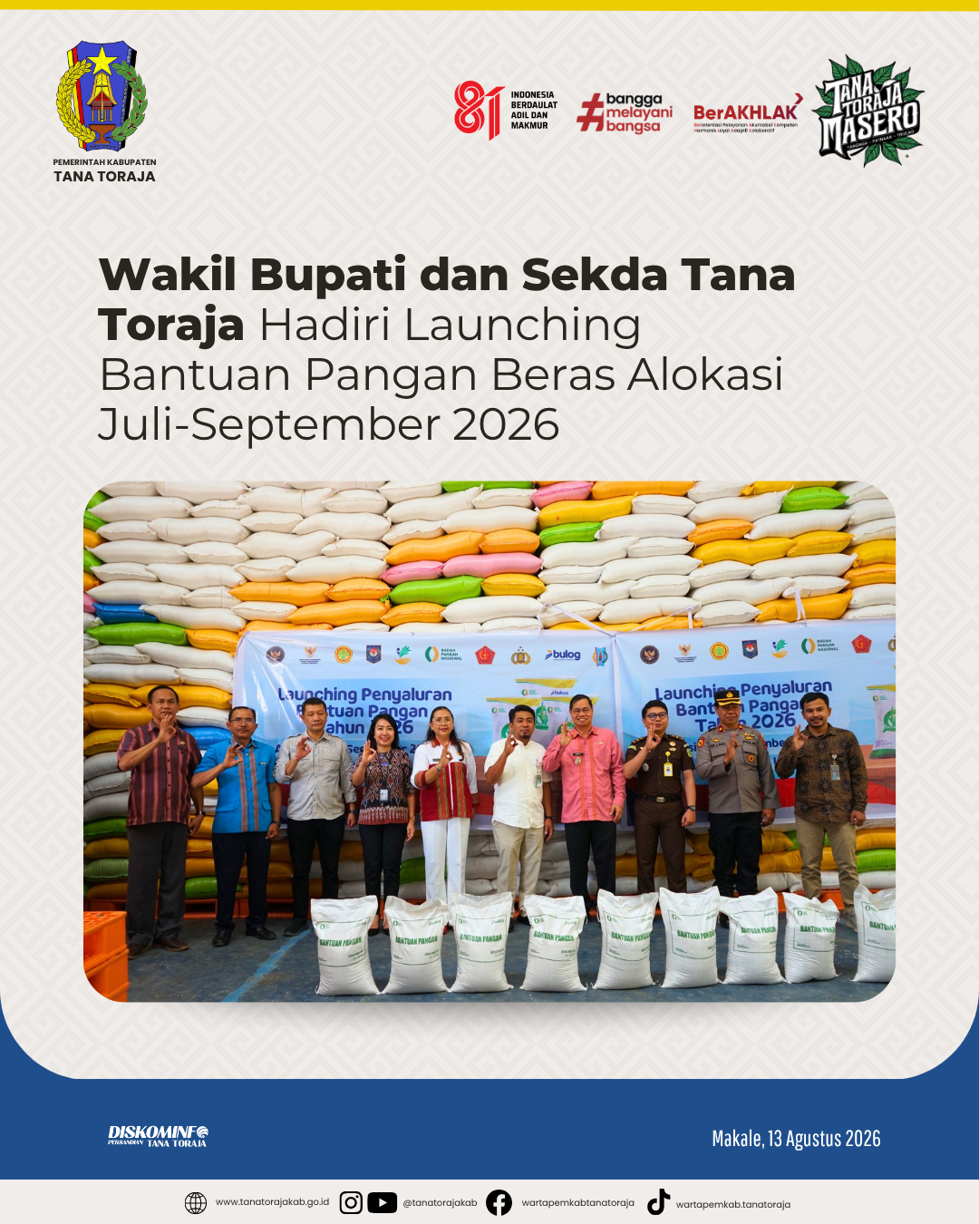 Wakil Bupati dan Sekda Tana Toraja Hadiri Launching Bantuan Pangan Beras Alokasi Juli-September 2026
