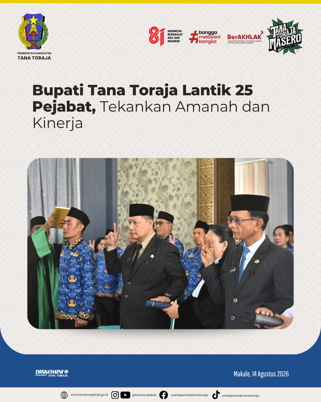 Bupati Tana Toraja Lantik 25 Pejabat, Tekankan Amanah dan Kinerja