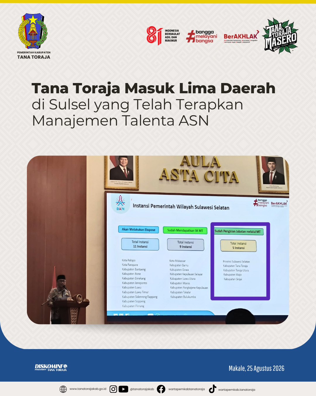 Tana Toraja Masuk Lima Daerah di Sulsel yang Telah Terapkan Manajemen Talenta ASN