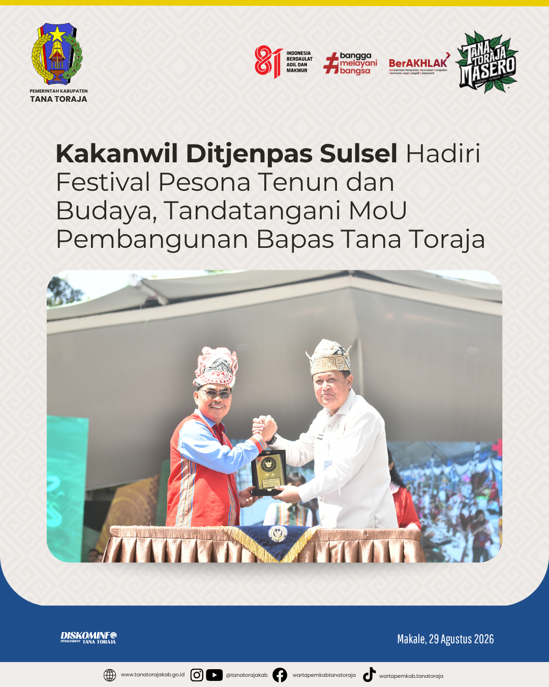 Kakanwil Ditjenpas Sulsel Hadiri Festival Pesona Tenun dan Budaya, Tandatangani MoU Pembangunan Bapas Tana Toraja