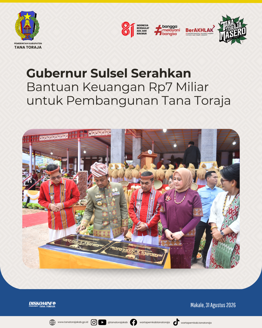 Gubernur Sulsel Serahkan Bantuan Keuangan Rp7 Miliar untuk Pembangunan Tana Toraja
