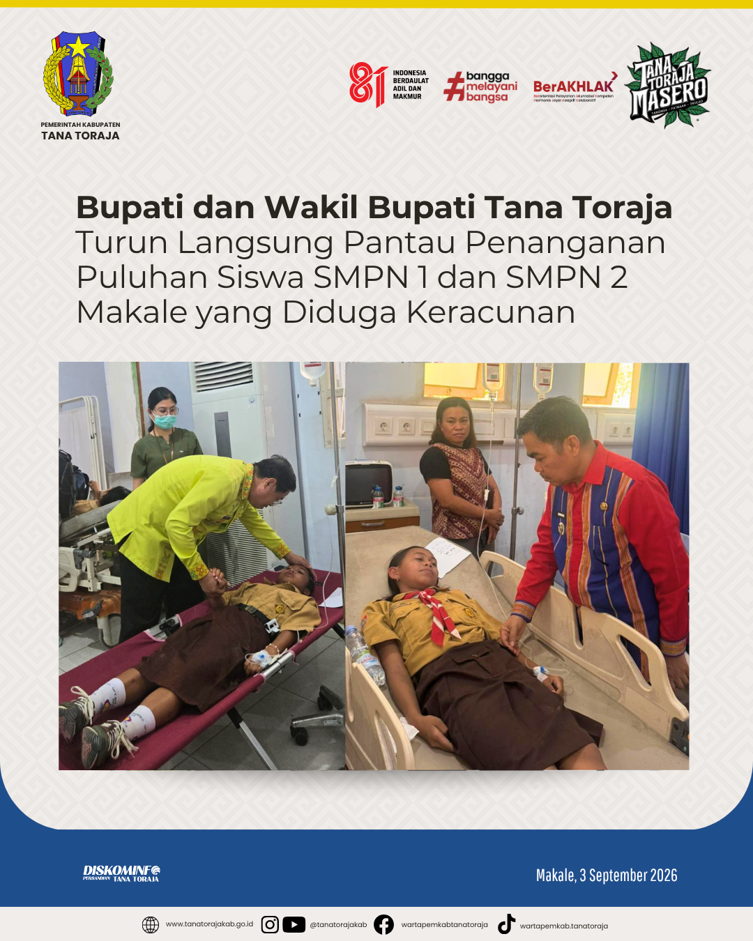Bupati dan Wakil Bupati Tana Toraja Turun Langsung Pantau Penanganan Puluhan Siswa SMPN 1 dan SMPN 2 Makale yang Diduga Keracunan