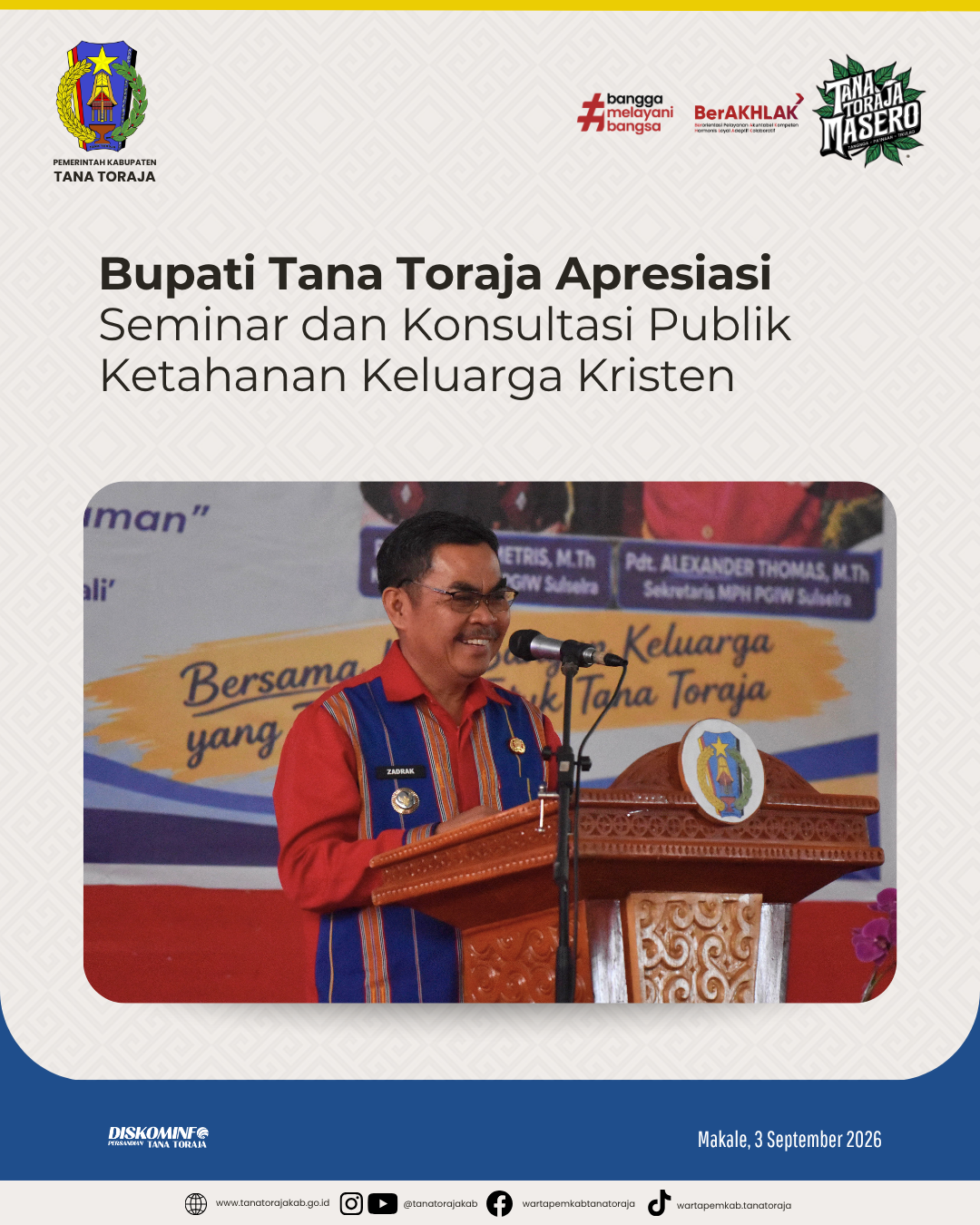 Bupati Tana Toraja Apresiasi Seminar dan Konsultasi Publik Ketahanan Keluarga Kristen