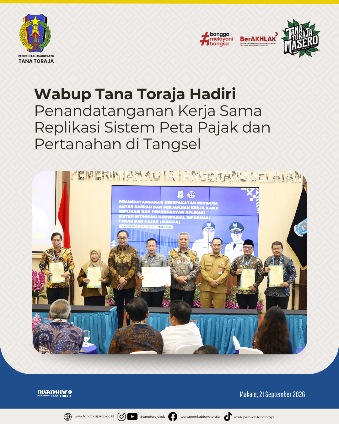 Wabup Tana Toraja Hadiri Penandatanganan Kerja Sama Replikasi Sistem Peta Pajak dan Pertanahan di Tangsel