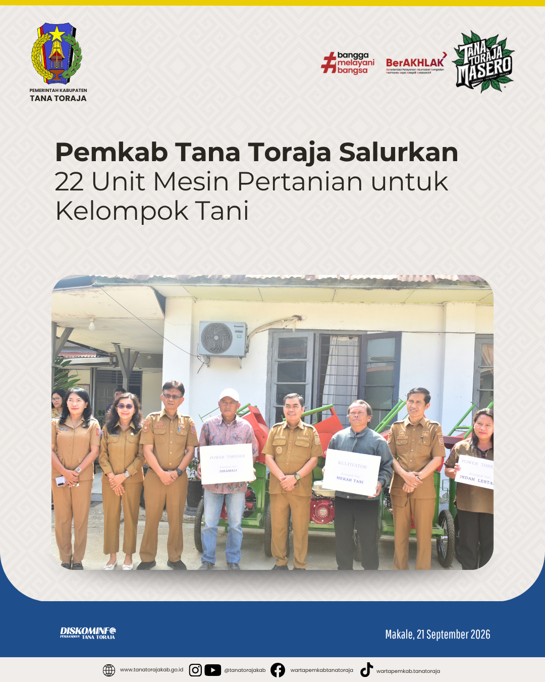 Pemkab Tana Toraja Salurkan 22 Unit Mesin Pertanian untuk Kelompok Tani