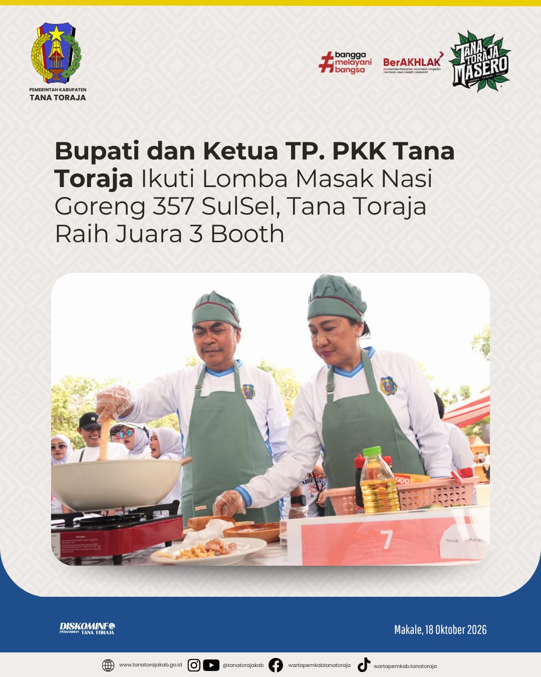 Bupati dan Ketua TP. PKK Tana Toraja Ikuti Lomba Masak Nasi Goreng 357 SulSel, Tana Toraja Raih Juara 3 Booth