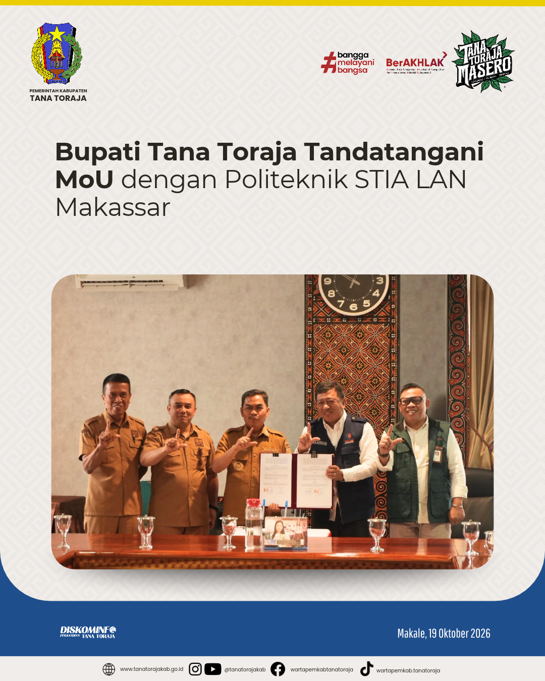 Bupati Tana Toraja Tandatangani MoU dengan Politeknik STIA LAN Makassar