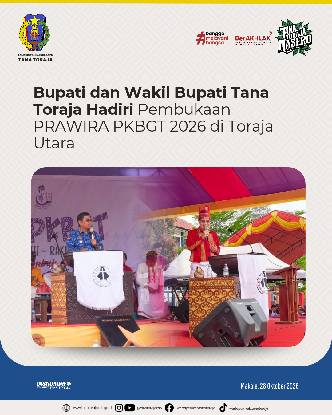 Bupati dan Wakil Bupati Tana Toraja Hadiri Pembukaan PRAWIRA PKBGT 2026 di Toraja Utara